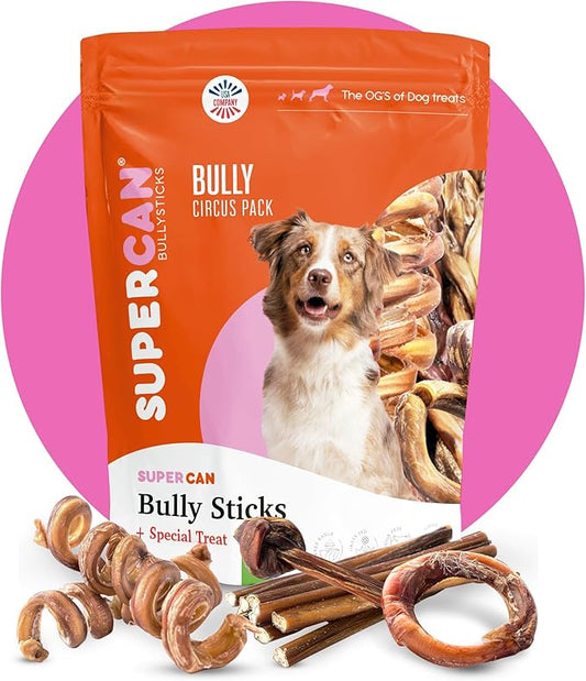 All Natural Bully Stick for Dogs (6-Pack) Bully Ring, Bully Spring, Double-Knott & Sticks for Puppies and Large Dogs.