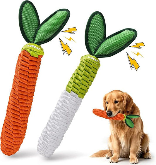 AUSCAT 2PCS Carrot Dog Rope Toy, Durable Tug of War Toy with Squeaker, Braided Teething Toys for Small Medium Large Dogs