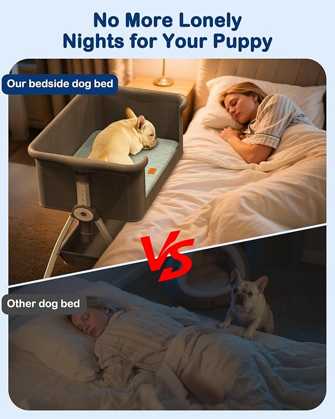 Bedside Dog Bed, 6-Height Adjustable Elevated Dog Bed for Small & Medium Puppy, Extension for Human Bed, Pet Bassinet with Removable & Washable Cover, Dogs Couch with Sides (30" L x 21" W)