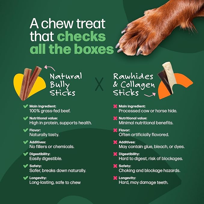 Willow & I Bully Sticks for Dogs -6 Inch Natural Bully Sticks for Medium Dogs, Small & Large- Premium 100% Grass Fed, Single Ingredient, Long Lasting, High Protein-Grain & Rawhide Free (6", 6 Pack)