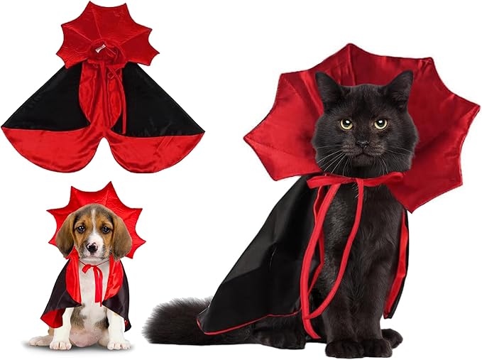 Halloween Cat Costume Vampire Cloak, Adjustable Red and Black Pet Cape with Vampire Accessories, Small Cats Dogs and Other Pets Halloween Parties and Pet Cosplay.
