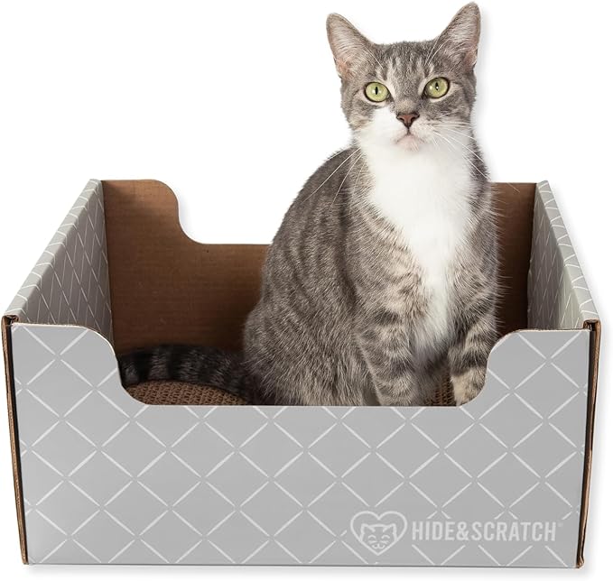 HIDE & SCRATCH Cardboard Cat Scratcher; Cat Scratcher Box and Bed with Refillable Double-Sided Cardboard Scratch Pad for Indoor Cats