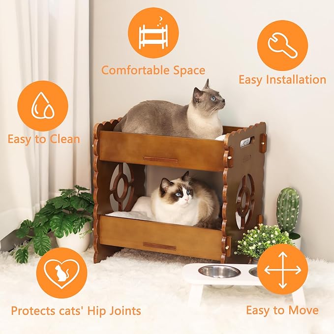 Wooden Cat Bed,Elevated Cat Bed Furniture,Cat Bunk Beds for 2 Indoor Cats,Wood Cat Condo with Mattress,Protect Cat's Hip Joint,All Seasons,Sturdy and Durable(19.7"x15"x19.2",Brown)