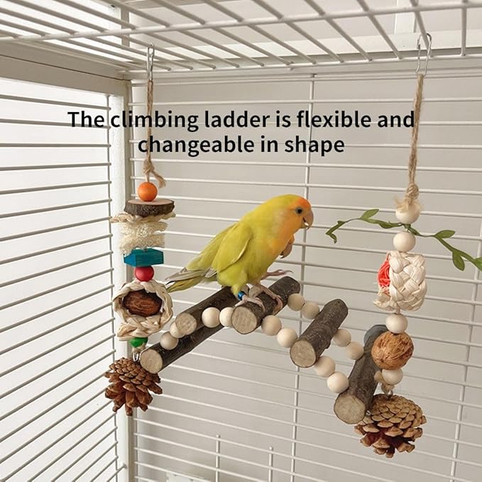 3pcs Bird Climbing Ladder Bridge Chewng Toy Set Bird Cage Toy Funny Parrot Cage Hanging Parrot Cage Bite Toys Parakeet Cage Wooden Parrot Toys Random Color