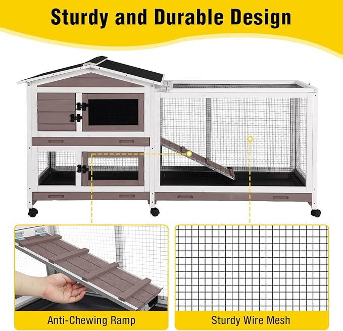 Aivituvin Rabbit Hutch Indoor 2 Story Bunny Cage Outdoor Guinea Pig Cage with Caster Wheels Chicken Coop with Run, 3 Pull Out Tray (Brown&White)