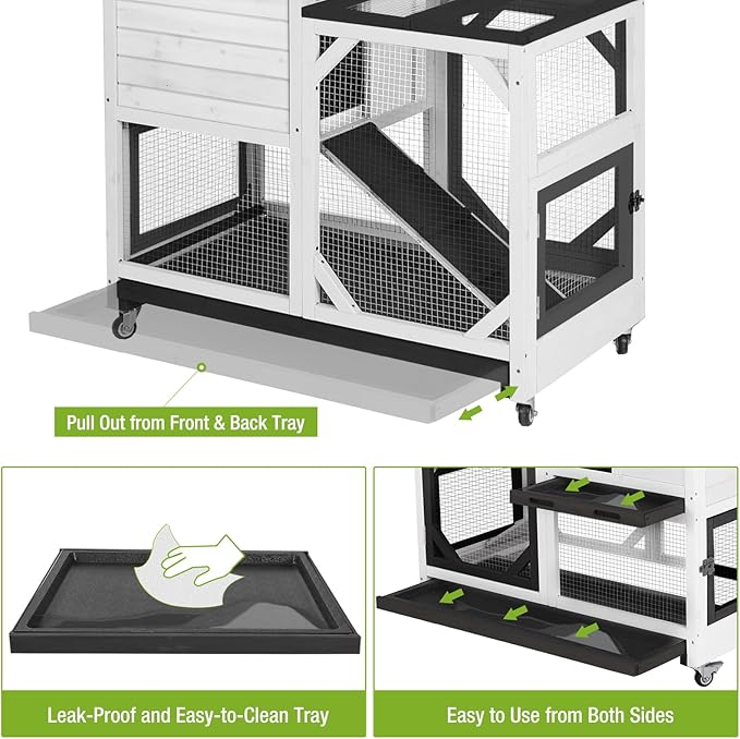 Gutinneen 2-Story Rabbit Hutch Bunny cage with Chew-Proof Ramp, Locking Leak-Proof Trays - Indoor/Outdoor 39.3" Wooden Rabbit Cage with Wheels for Rabbits, Guinea Pigs, Small Animal (Black and White)
