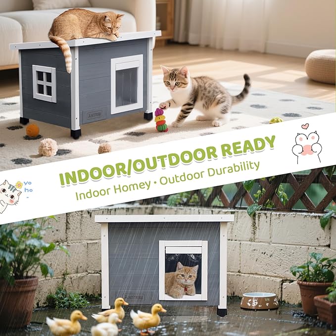 Outdoor Wooden Pet House, Weatherproof Winter Shelter for Dogs and Cats, Elevated Design with Window (Gray)