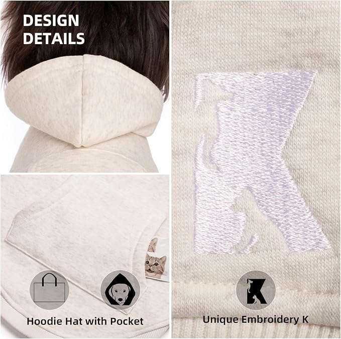 Koneseve Dog Hoodie Fleece, Cat Sweater Warm with Pocket - Soft Clothes for Daily Wear, Basic Hooded Sweatshirts, Winter Coat Clothing, Comfort Tee Shirt Fit for All Breeds Pet - Beige - 5XL
