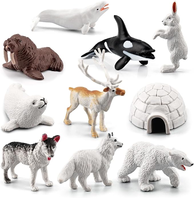 10PCS Mini Arctic Animals Toys Polar Animal Figurines Set Polar White Bear Reindeer Walrus Fox Wolf Figurines Birthday Gifts for Boys Girls Kids, Gift for Easter Christmas Part