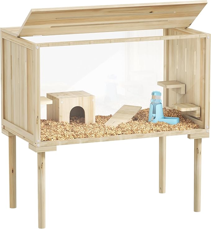 PawHut Wooden Hamster Cage with Legs, Gerbil Cage with Seesaw, Hut, Water Bottle & Food Dish, Hamster Habitat for Syrian, Dwarf, Mouse, 28" x 16" x 29.5", Nature Wood