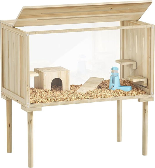 PawHut Wooden Hamster Cage with Legs, Gerbil Cage with Seesaw, Hut, Water Bottle & Food Dish, Hamster Habitat for Syrian, Dwarf, Mouse, 28" x 16" x 29.5", Nature Wood