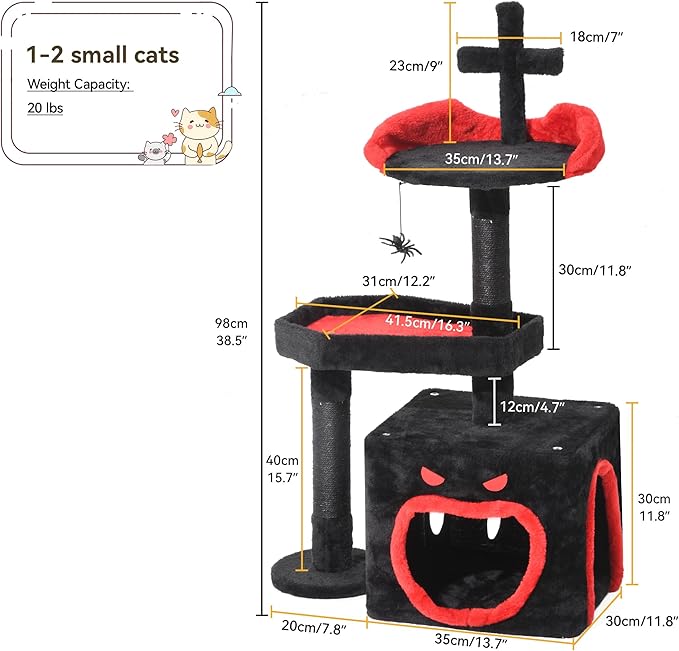YITAHOME Gothic Cat Tree with Coffin Bed, 38.6" Indoor Cat Tower Featuring Spacious Condo, Spider Hanging Ball, Scratching Post, Black Halloween