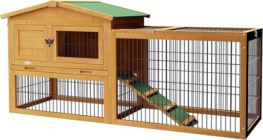 PawHut Rabbit Hutch, 2 Story Outdoor Bunny Cage with Slide-Out Tray, Run Cage, Openable Top for Rabbits, Guinea Pig, Yellow