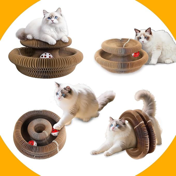 2 PCS Kitty Curls Cat Scratcher, Foldable Magnetic Cat Toy Scratching Board with Bell Balls, Reversible Corrugated Cardboard for Claw Care and Furniture Protection