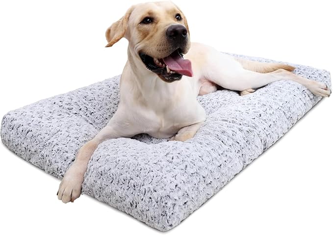 KSIIA Washable Dog Bed Deluxe Plush Dog Crate Beds Comfy Kennel Pad Anti-Slip Pet Sleeping Mat for Large, Jumbo, Medium, Small Dogs Breeds, 41" x 27", Gray