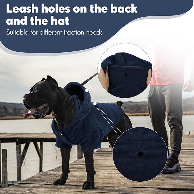 IDOMIK Dog Hoodie Sweater with Leash Hole, Warm Dog Fleece Sweater with Hood, Soft Pullover Dogs Fleece Vest for Fall Winter, Pet Sweatshirt Clothes for Poodle French Bulldog Labrador,Blue,2XL