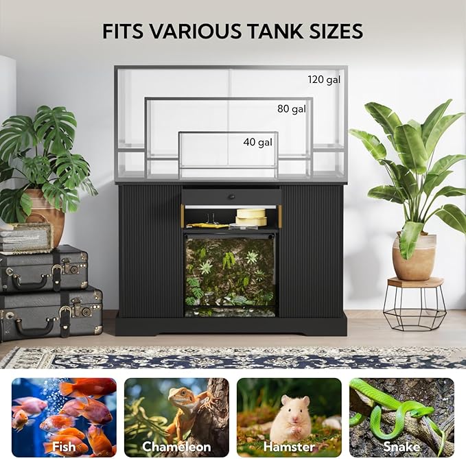 120 Gallon Reptile Tank Stand, Heavy Duty Large Aquarium Stand with Pull-Out Drawer and Double Door Cabinets, Reptile Terrarium Table for Turtle Tanks, Fish Tank Accessories Storage, Black