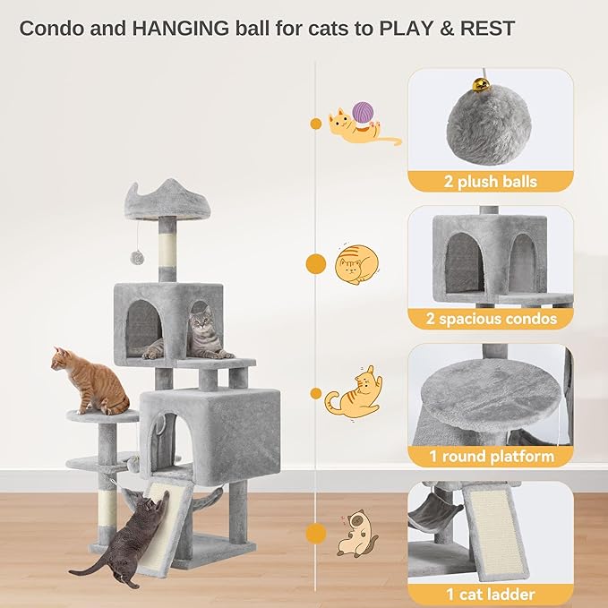 DWVO 54 in Multi-Level Cat Tower: Cats Tree for Indoor Kittens, Pet Furniture with Kitty Condos, Sisal Scratching Posts, Plush Perches, Cozy Hammock, Light Gray