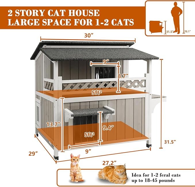 Outdoor Cat House Weatherproof Cats Shelter for Feral Kitten Pet Houses for 1-2 Small Animlas 2 Story Wooden Houses for Indoor Outdoor Cats with Escape Doors (29" L x 30" W x 31.5" H Grey)
