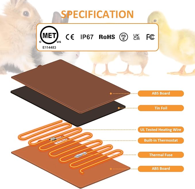 Small Animal Heating Pad, Small Animal Bed, Outdoor/Indoor Winter Thermal Heating Pad for Rabbits, Guinea Pigs & Chickens, Waterproof & Chew-Resistant, 20W, Energy-Efficient, 11.8 x 8.2 in