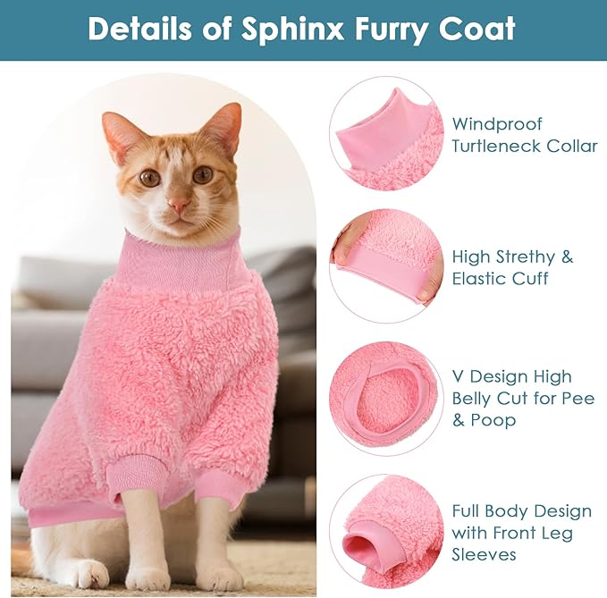 SUNFURA Sphynx Cat Sweater, Hairless Cats Turtleneck Pullover Kitten Sweaters for Cats Only, Warm and Soft Cat Pajamas Shirt with Sleeves Pet Winter Clothes Fleece Jumpsuit for Puppy, Pink L