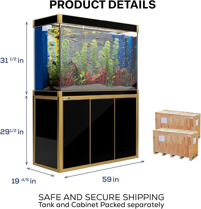 175 Gallon Aquarium Tempered Ultra Clear Glass with Complete Setup in Black with Gold Trims with Stand, Pump, Filter, and LED Bundle