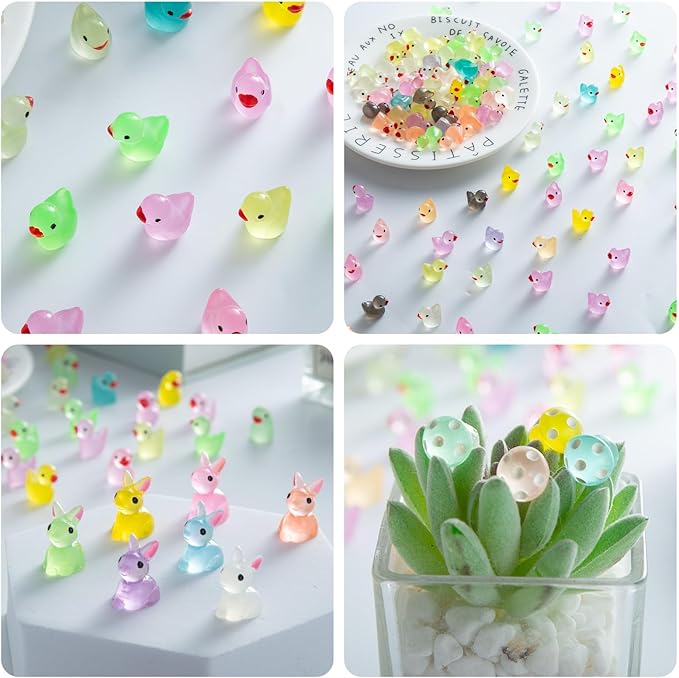 200PCS Luminous Mini Resin Ducks Tiny Frog Flamingo Glow in The Dark Animals Mushroom Rabbit Dolphin Dollhouse Landscape Garden Micro Décor Aquarium Potted Figurine Turtle Lizard DIY Hide Seek Prank