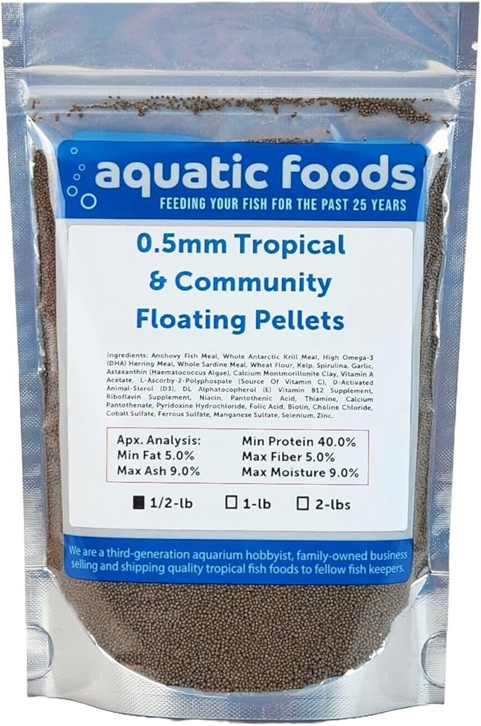 Aquatic Foods Inc. 0.5mm - 1/64" Tropical & Community Fish Floating Micro Pellets for Tetras, Guppies, Angel Fish, Small Cichlids, All Tropical Fish. - WL…1/2-lb Foil Bag