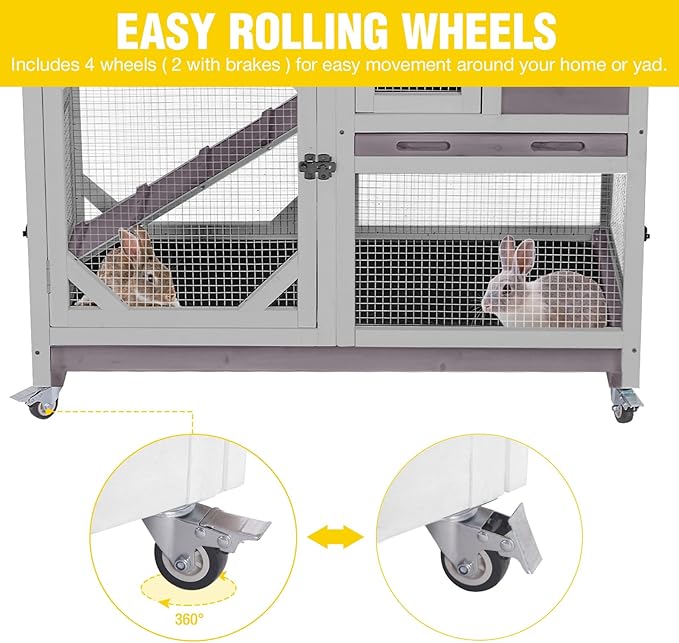 Aivituvin Rabbit Cage Indoor Bunny Hutch on Wheels Outdoor 2 Story Wood Guinea Pig House with 2 Deeper Pull Out Trays (Gray, 39" L x 22" W x 37" H)