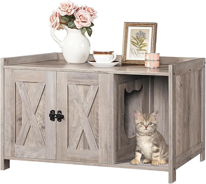 Cat Litter Box Enclosure, Hidden Litter Box Furniture with Divider, Indoor Cat House, Wooden Washroom Storage Cabinet Bench, as End Table, for Living Room, Bedroom, Greige CWHG2501Z