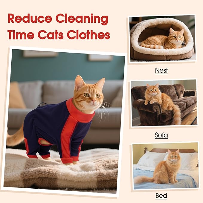 DENTRUN Cat Clothes with Anti-Shedding Fabric - Soft Recovery Suit & Breathable Lint-Resistant Cat Sweater for Wound Care & Hair Control, Kitten Onesie Pajamas, L, Dark Blue