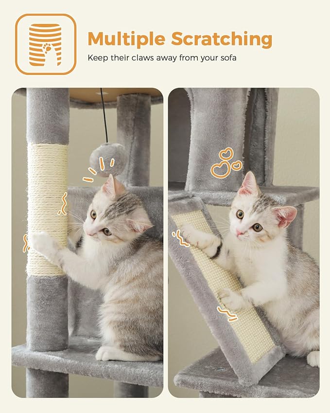 71" Tall Cat Tree for Large Cat 20 lbs with Super Large Hammock, Heavy Duty Cat Tower with 4 Sisal Scratching Posts & 2 Spacious Condos for Big Adult Cats Maine Coon-Grey