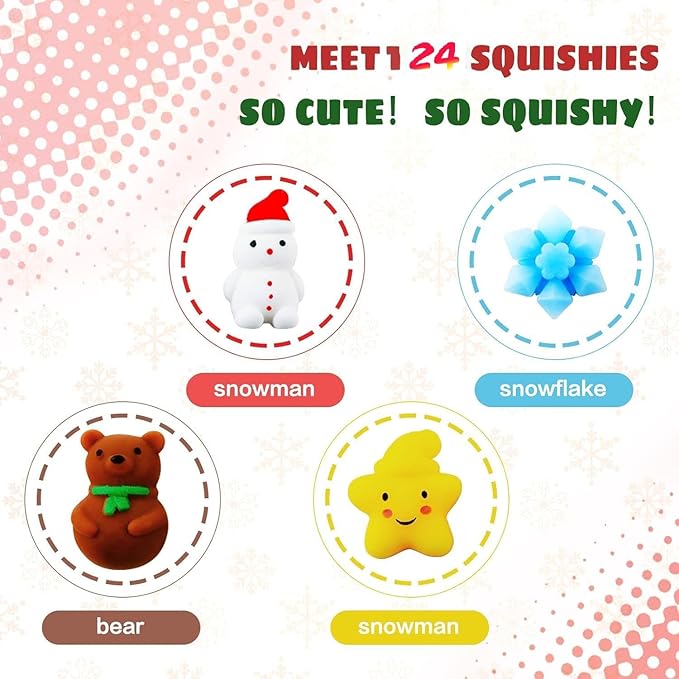 24Pcs Christmas Mochi Squishy Toys for Kids Girls Boys Toddlers Party Favors Stocking Stuffers Gifts