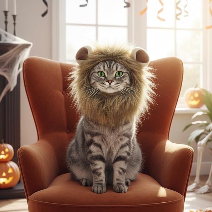 Cat Halloween Costumes - Adjustable Lion Mane Wig Pet Costumes for Cats (M)