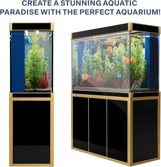 135 Gallon Aquarium Fish Tank with Upright Fishtank Stand Water Pump Freshwater Filter LED Bundle and Straight Corners Clear Glass - Black with Gold Trims