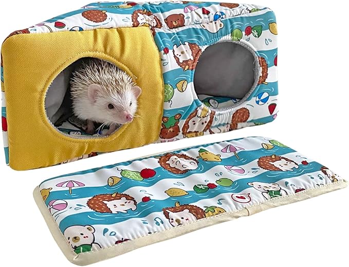 Hedgehog Fleece Corner Hideout Cave Collapsible Pet Play Toy Tunnel Tube Warm House Hidey Hut for Sugar Glider Ferret Hamster Small Animal Beds (Blue/Yellow)
