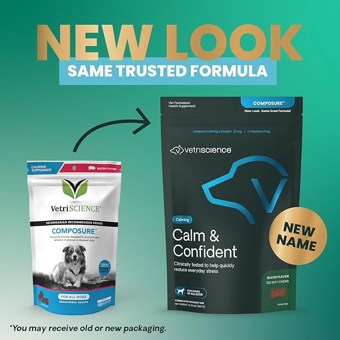 VetriScience Calm & Confident Calming Chews for Dogs, Supplement for Stress Support, Thunderstorms, Fireworks, & Travel, Bacon, Soft Chews, 120 Count - New Look
