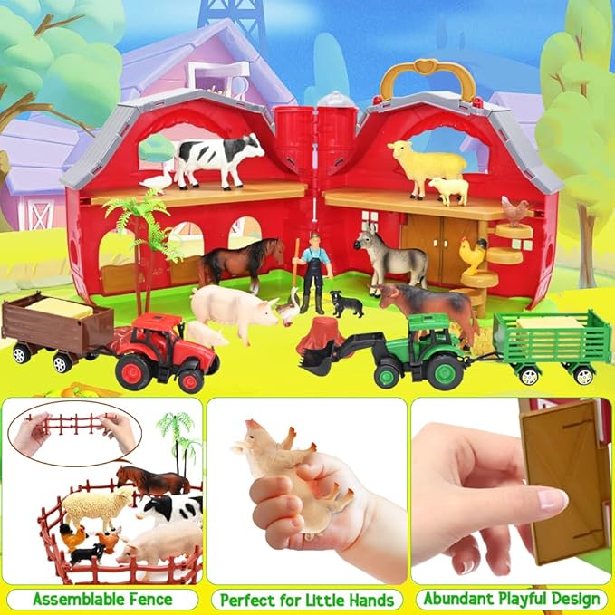 Farm Animals Big Red Barn Toy for 1 2 3 4 5 Years Old Toddlers, Kids Farm Figures Fence Playset with Tractor, Preschool Montessori Learning Toys, Christmas Birthday Easter Gift for Boys Girls