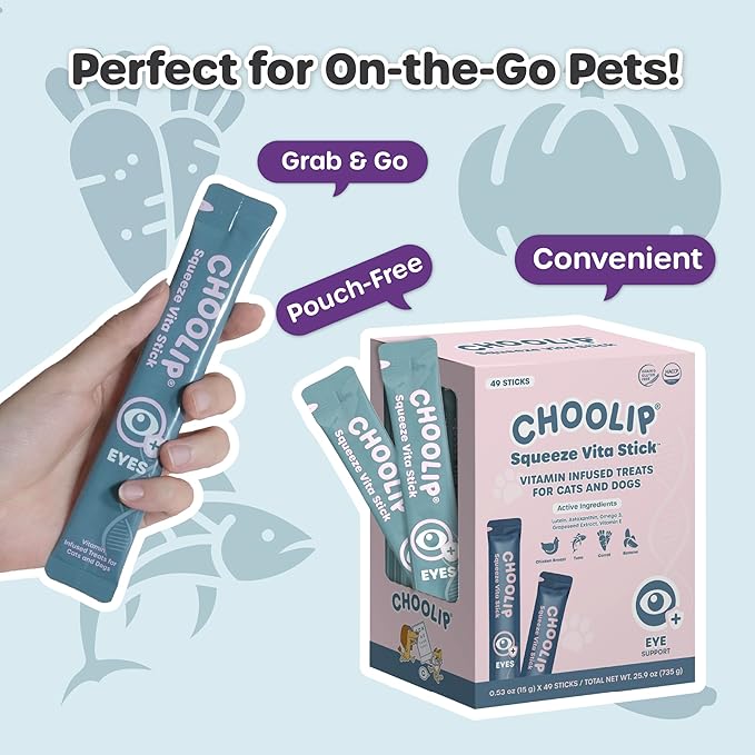 Squeeze Vita Stick Lickable Cat and Dog Treats – 49-Count Eye Support Sticks with Multivitamins, Soft Squeezable Paste for All Life Stages, Supporting Eye Health