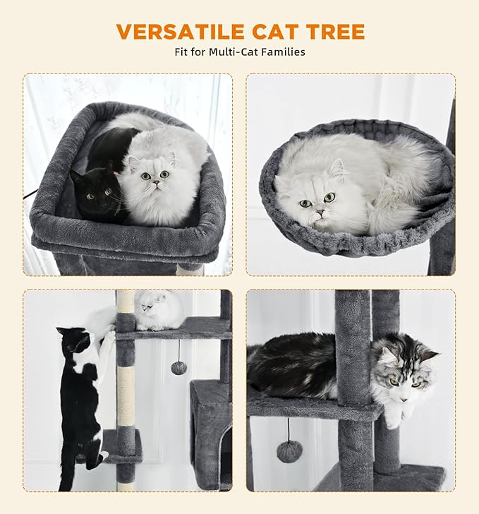 Made4Pets Tall Cat Tree, 71 Inches Cat Tree Tower for Indoor Cats Large Adult, Plush Multi-Level Cat Tower with 5 Scratching Posts, 2 Hammock, Condo and Perch, Big Cat House Indoor, Dark Grey