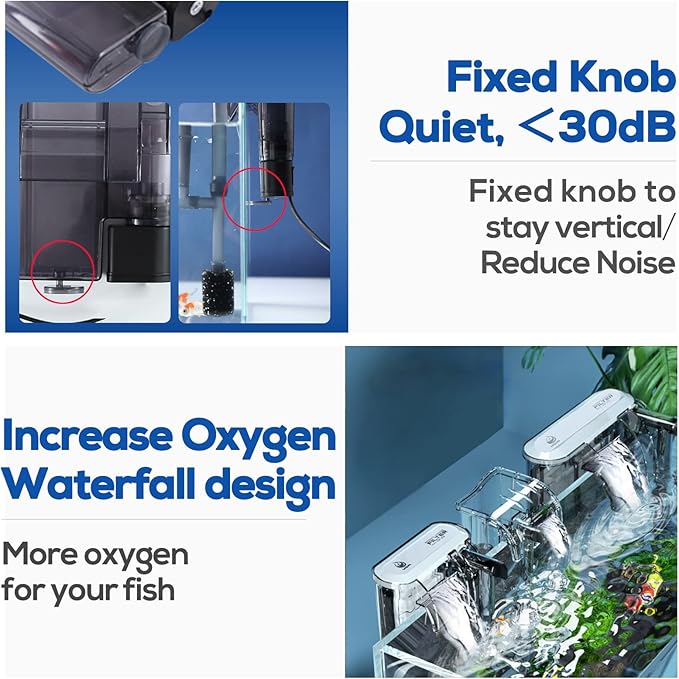 Aquarium Filter with Surface Skimmer, 10 Gallon Small Fish Tank Filter, 3-Layer Filtration, Adjustable Water Flow, Waterfall Design for Increasing Oxygen, Quiet & Efficient Hang on Back Filter
