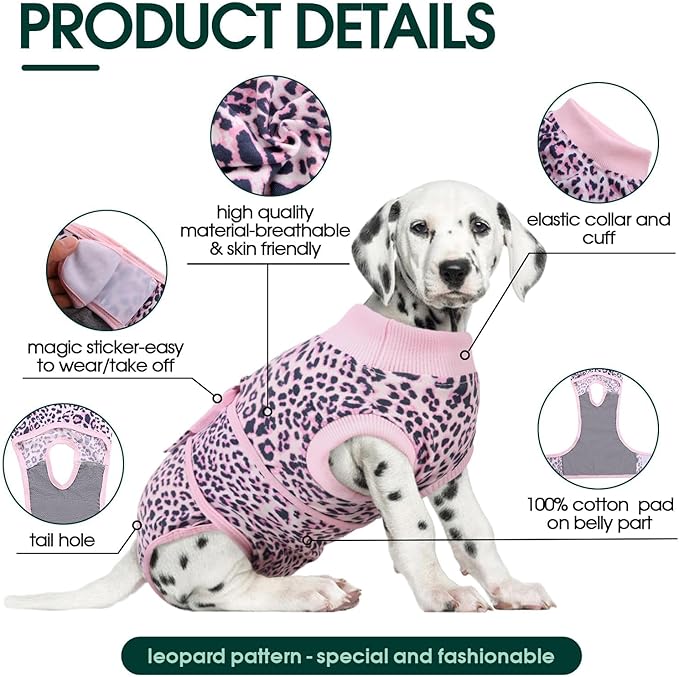 Kuoser Recovery Suit for Dogs, Dog Recovery Suit Female Doggie Onesie for Surgery, Post-Op Onesie for Female & Male Dogs, Soft Protective Wear, PinkLeopard M