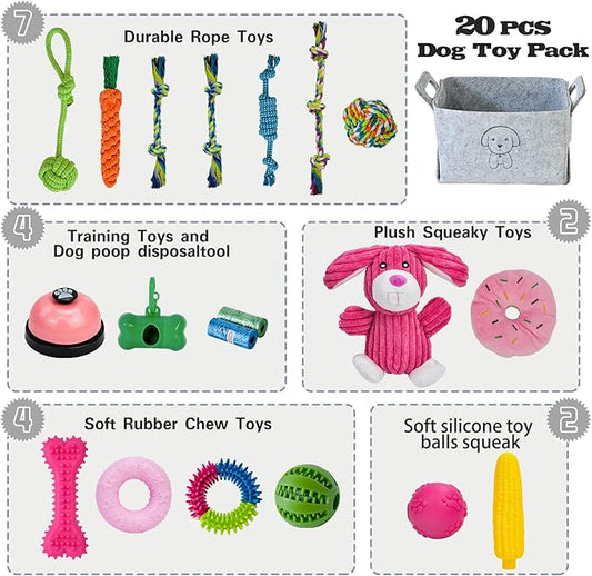 20Pcs Puppy Chew Toys for Teething, Dog Chew Rope Toys, Pet Dog Toothbrush, Treat Balls, Plush Squeaky Toy for Small Medium Dogs with Basket