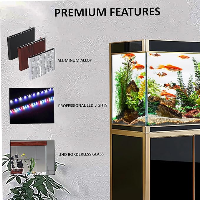 Premium Aquarium | 220 Gallon Tempered Transparent Glass with LED Light, Complete Fish Tank, Black with Gold Trim
