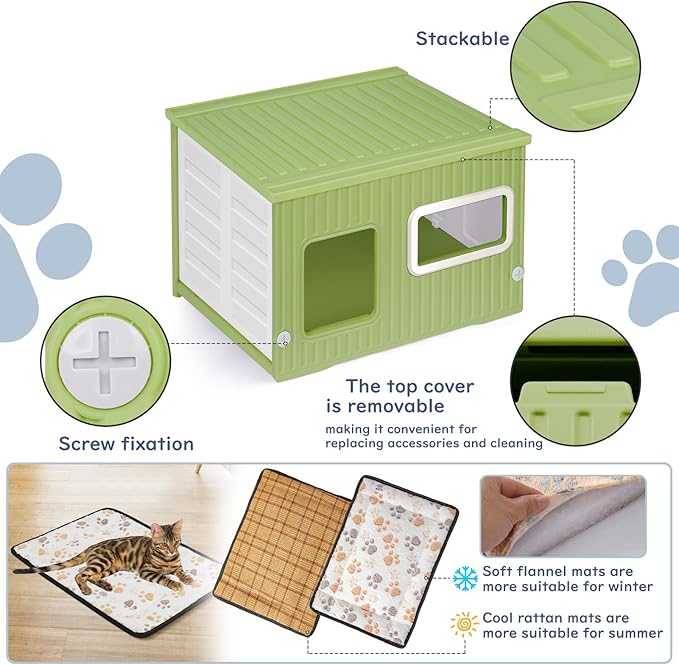 Plastic Cat House for Outdoor Indoor Use, Stackable Feral Cat Shelter Indoor Cat House Weatherproof Waterproof Elevated, with 2-Sided Cushion (Green White)