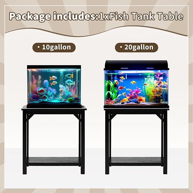 Solid Wood 10-20 Gallon Fish Tank Stand Heavy Duty Aquarium Terrarium Stand for Home Office Fish Tank Shelf Table, Black, 25.5 x 14 x 24.4 Inch