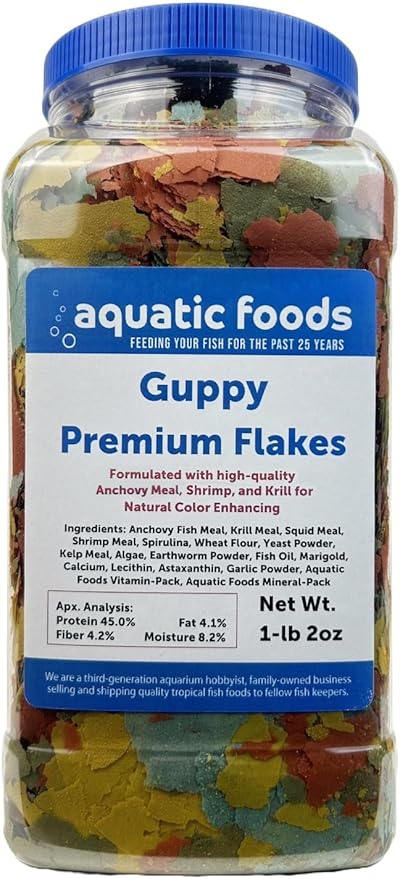 Aquatic Foods Inc. Guppy & Endler Guppy Premium 5-Type Flake Mix for Guppies, Endlers, Tetras, All Tropicals. Aquatic Foods Premium Guppy Flakes…1-lb 2oz Lg Jar