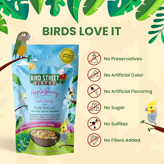 Parrot Food - Parakeet & Cockatiel Food - Cooks in 3-15 min with Natural & Organic Grains, Legumes, Non-GMO Fruits, Vegetables & Health-Oriented Spices
