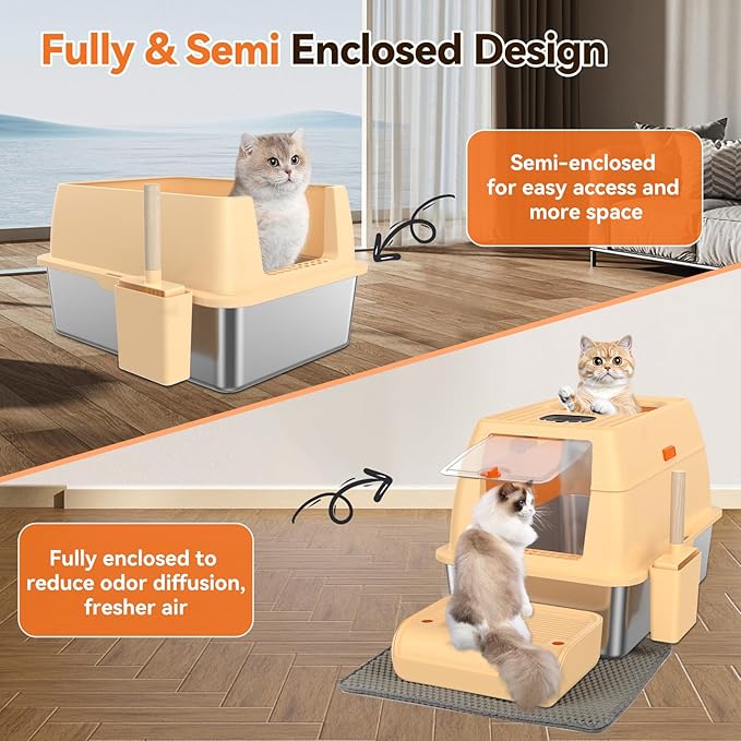 Stainless Steel Litter Box with Lid, Cat Litter Box Enclosure XL Odor-Proof with Litter Mat, Covered Litter Box Rust-Resistant Durable for Big Cat, Easy Clean 37L Capacity (Beige)