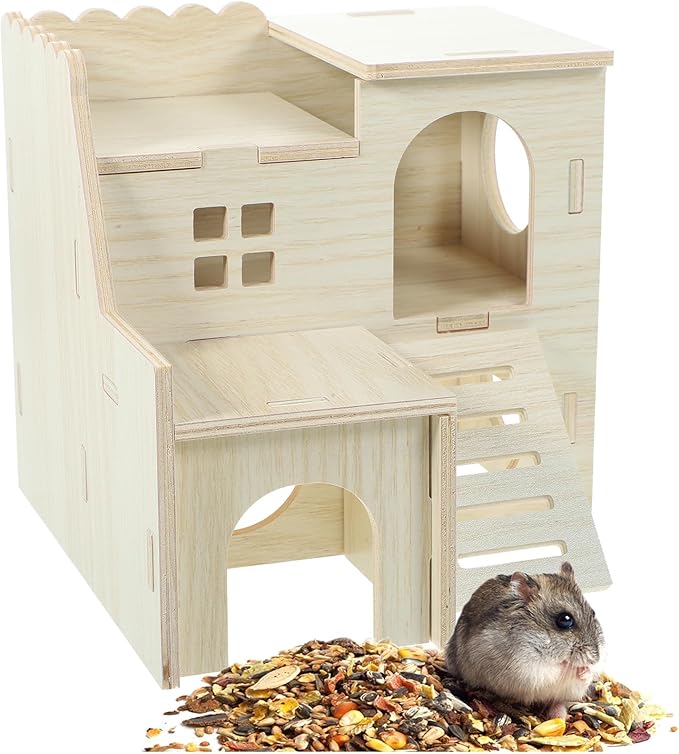 LOGOFUN Wooden Hamster Hideout Castle Multi-Chamber Hide Hut with Climbing Ladder for Chinchillas Guinea Pigs Small Pet Cage Accessories - 6 * 5 * 5in